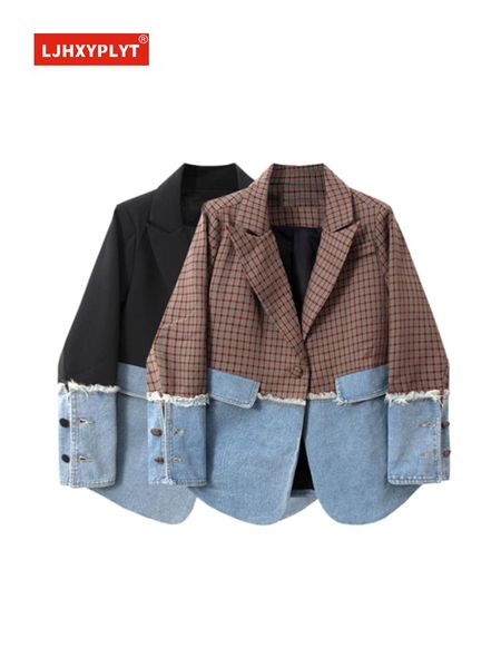 pants plaid suit denim stitch jacket women's spring and autumn design sense korean version loose long sleeve black blazer coat female, White
pants plaid suit denim stitch jacket women's spring and autumn design sense korean version loose long sleeve black blazer coat female, White