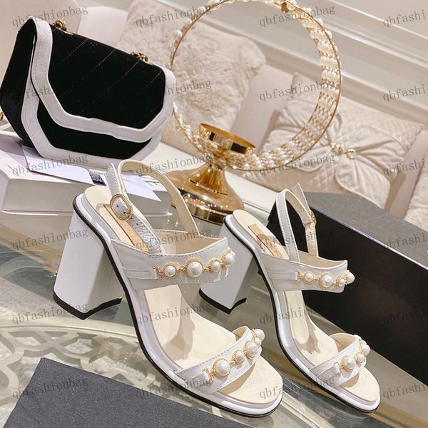 designer womens sandals sheepskin high heels 7.5cm shoes pearl chain solid color thick heel dress shoes adjustable ankle buckle banquet part, Black
designer womens sandals sheepskin high heels 7.5cm shoes pearl chain solid color thick heel dress shoes adjustable ankle buckle banquet part, Black