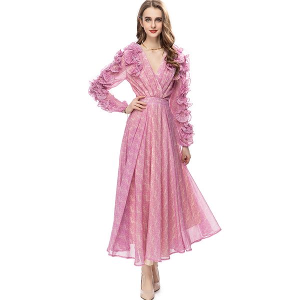 women's runway dresses v neck long sleeves ruffles printed ruched fashion designer party prom gown, Black
women's runway dresses v neck long sleeves ruffles printed ruched fashion designer party prom gown, Black