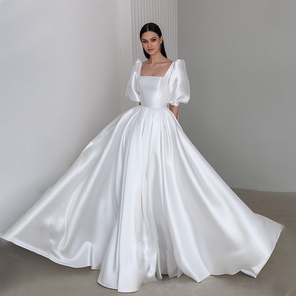 boat neckline satin wedding dresses puffy sleeve a-line bridal gowns lace up backless pleat robe de mariage, White
boat neckline satin wedding dresses puffy sleeve a-line bridal gowns lace up backless pleat robe de mariage, White