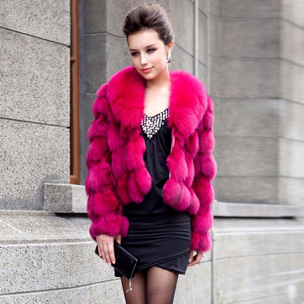 

fur winter warm fur jacket 100%genuine real fox fur coats with fox fur collar lady luxury short fox fur outerwear casual outerwear, Black