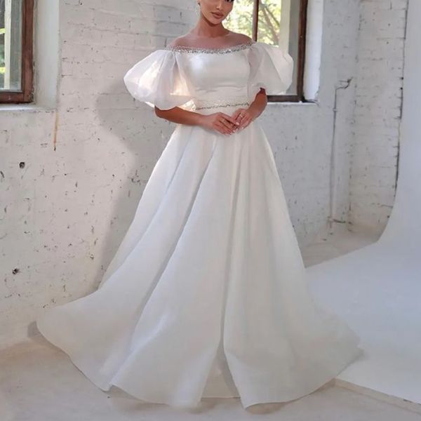 round neck wedding dresses long with puffy sleeve bridal gown beading a line satin robes de mariee, White
round neck wedding dresses long with puffy sleeve bridal gown beading a line satin robes de mariee, White