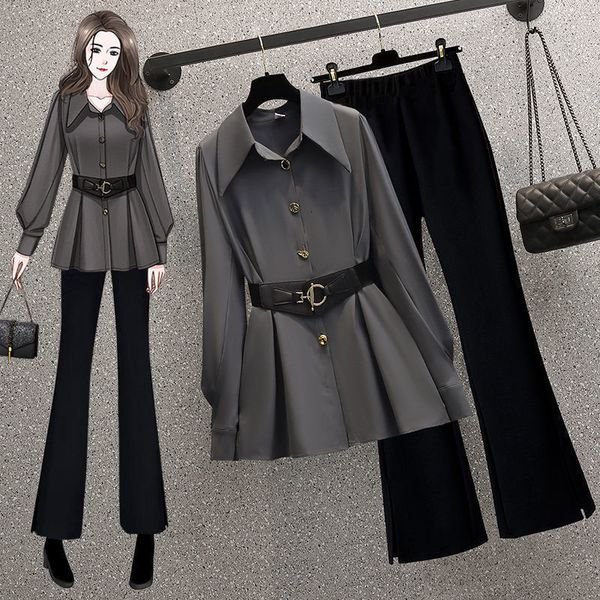 women's two piece pant graceful shirt with waist belt spring autumn 2023 office lady casual blouse high flare pants pieces set trousers, White
women's two piece pant graceful shirt with waist belt spring autumn 2023 office lady casual blouse high flare pants pieces set trousers, White