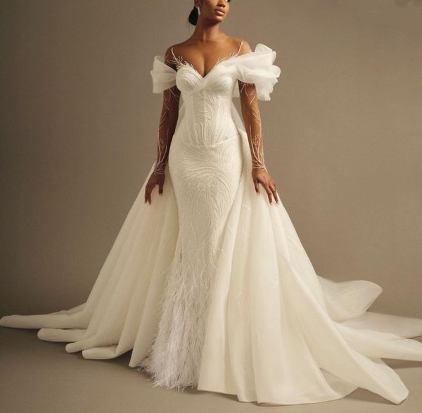 elegant mermaid wedding dresses long sleeves v neck beaded sequins appliques plus size detachable train feather lace bridal gowns plus size, White
elegant mermaid wedding dresses long sleeves v neck beaded sequins appliques plus size detachable train feather lace bridal gowns plus size, White