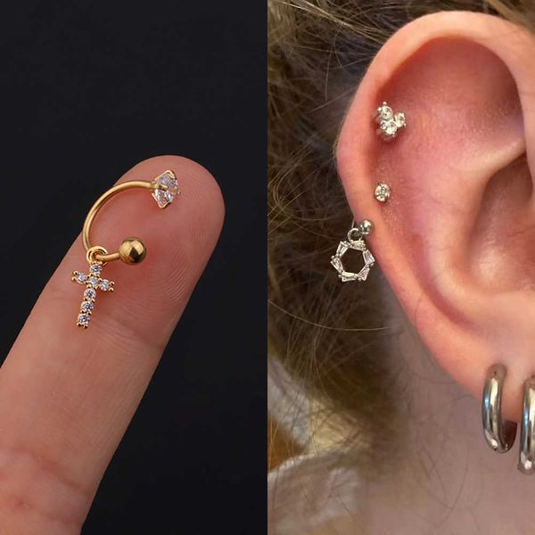 

stud 2pcs stainless steel minimal crystal cz star ear studs earring women hoop helix tragus cartilage conch daith piercing jewelry w0427, Golden;silver