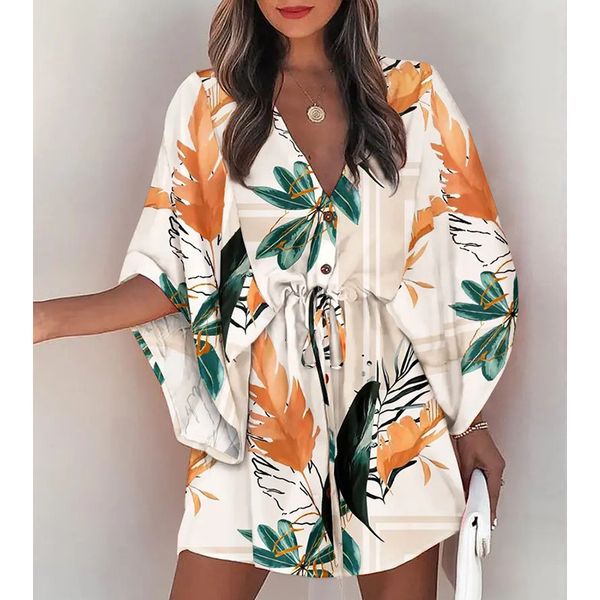 casual dresses summer boho mini elegant women print batwing sleeve laceup v neck loose button ladies beach party vestido 230426, Black;gray 
casual dresses summer boho mini elegant women print batwing sleeve laceup v neck loose button ladies beach party vestido 230426, Black;gray