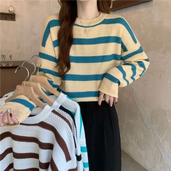 women's t-shirt autumn o-neck casual knitted sweater pullover basic long sleeve stripes sweaters t-shirt female jumper y2k women clothe, White 
women's t-shirt autumn o-neck casual knitted sweater pullover basic long sleeve stripes sweaters t-shirt female jumper y2k women clothe, White