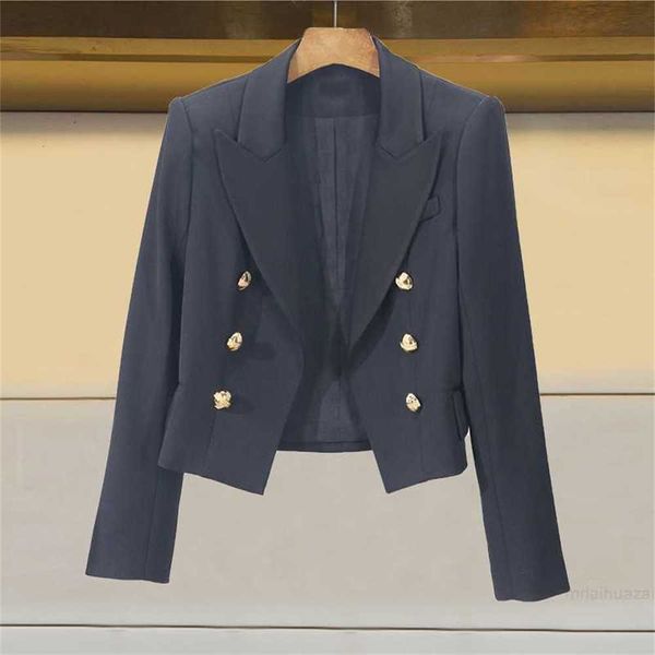 

2023 Spring New Women's Suit Collar Long Sleeve Double Breasted Short Casual Style Coat P103901, Black