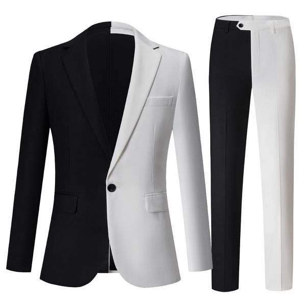 Image of Men&#039;s Polos Fashion Mens Business Black and White Contrast Color Suit Trousers Male Slim Stage Party 2 Pcs Blazers Jacket Pants Sets 230426