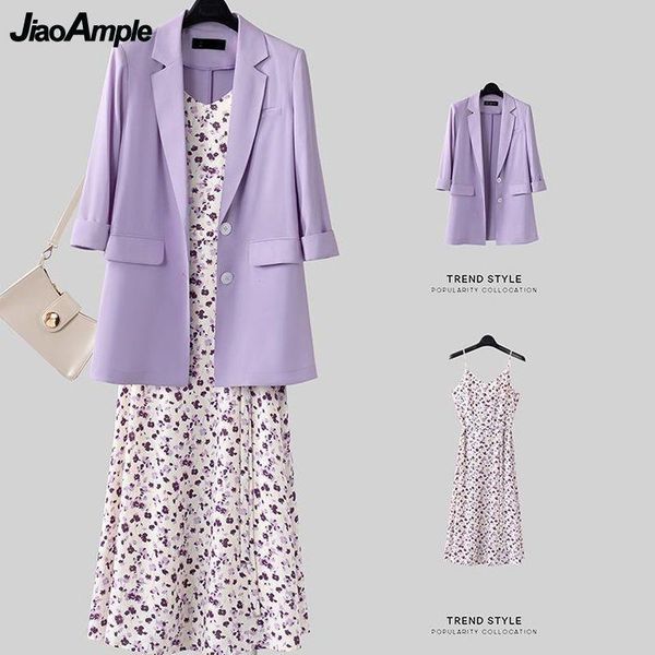 dress elegant clothing set 2021 summer women korean graceful leisure suit coat chiffon sling dress sets lady office purple jacket, White 
dress elegant clothing set 2021 summer women korean graceful leisure suit coat chiffon sling dress sets lady office purple jacket, White