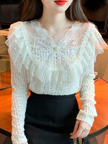 t-shirt 2022 spring and sutumn new ruffled chic lace bead rhinestones woman korean fashion sweet pearl long sleeve shirt for women, White
t-shirt 2022 spring and sutumn new ruffled chic lace bead rhinestones woman korean fashion sweet pearl long sleeve shirt for women, White
