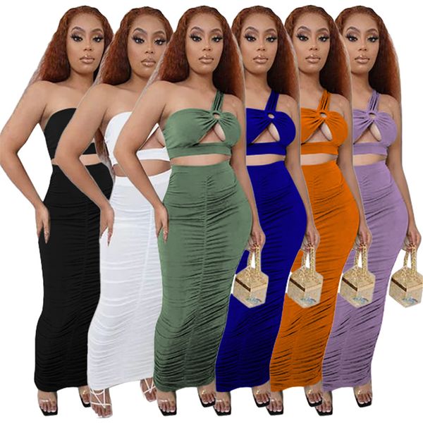 2023 designer two piece dress solid skirt sets summer 2 piece womens outfits single shoulder hollow out crop pleated folds maxi skirts whole, White
2023 designer two piece dress solid skirt sets summer 2 piece womens outfits single shoulder hollow out crop pleated folds maxi skirts whole, White