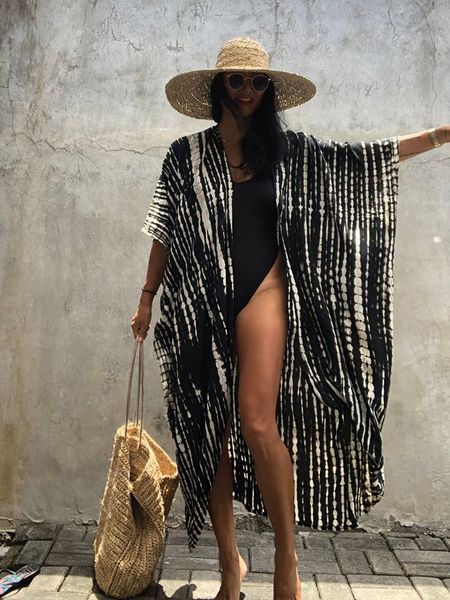 women's swimwear summer vintage kimono halo dyeing beach cover up with sashes oversized long cardigan holiday covers 230426, White;black
women's swimwear summer vintage kimono halo dyeing beach cover up with sashes oversized long cardigan holiday covers 230426, White;black