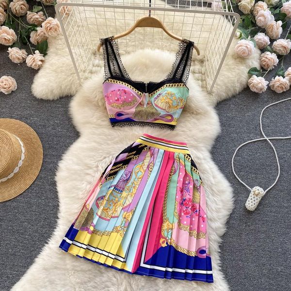 dress high street 2022 designer runway suit set lace splicing camis printed pleated mini skirt set, White
dress high street 2022 designer runway suit set lace splicing camis printed pleated mini skirt set, White