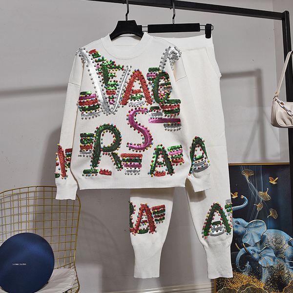women s two piece pants mode set pakaian olahraga rajutan putih celana pensil sweter payet huruf pekerjaan tangan wanita dua potong longgar, White
women s two piece pants mode set pakaian olahraga rajutan putih celana pensil sweter payet huruf pekerjaan tangan wanita dua potong longgar, White