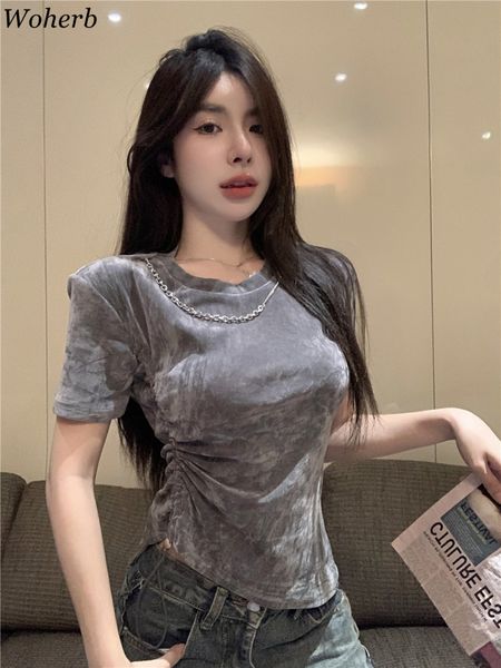 women's t-shirt woherb chic fashion velvet o neck t-shirts women korean short sleeve crop ropa mujer tunic casual drawstring y2k 23042, White
women's t-shirt woherb chic fashion velvet o neck t-shirts women korean short sleeve crop ropa mujer tunic casual drawstring y2k 23042, White