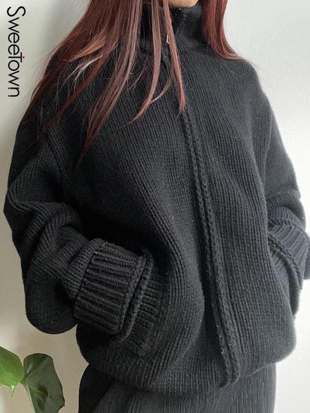 sweaters sweetown black solid zip up turtleneck winter cardigan sweaters women coarse yarn knitwear pockets long sleeve casual jackets, White;black
sweaters sweetown black solid zip up turtleneck winter cardigan sweaters women coarse yarn knitwear pockets long sleeve casual jackets, White;black