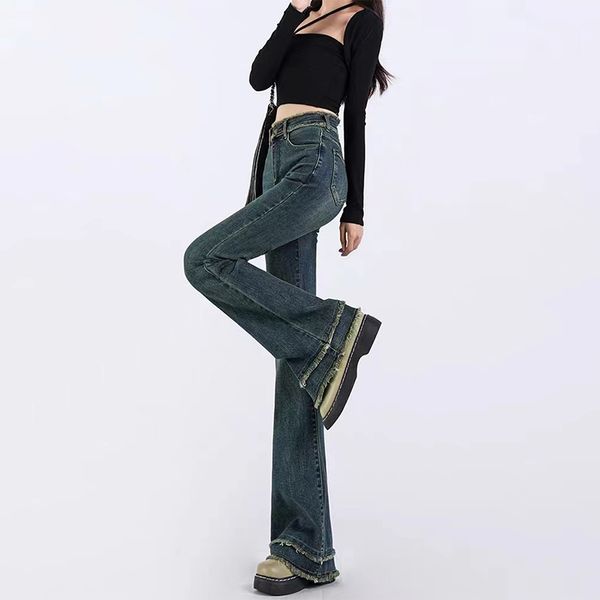 women's retro micro flared jeans for spring 2023 high waisted slimming niche design slimming black flared pants with raw edges, Blue
women's retro micro flared jeans for spring 2023 high waisted slimming niche design slimming black flared pants with raw edges, Blue