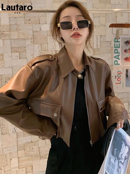 jackets lautaro spring short brown casual faux leather jackets for women drop shoulder long sleeve pockets zipper cool corp 2022, Black;brown
jackets lautaro spring short brown casual faux leather jackets for women drop shoulder long sleeve pockets zipper cool corp 2022, Black;brown