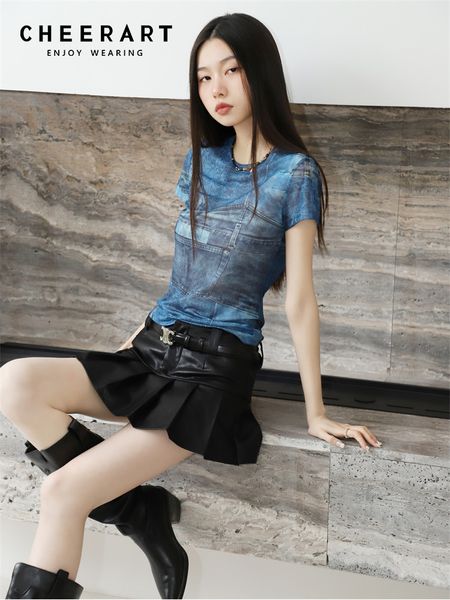 women's t-shirt cheerart fake denim print mesh crop see through t shirt for women summer blue designer tees y2k streetwear 230427, White
women's t-shirt cheerart fake denim print mesh crop see through t shirt for women summer blue designer tees y2k streetwear 230427, White
