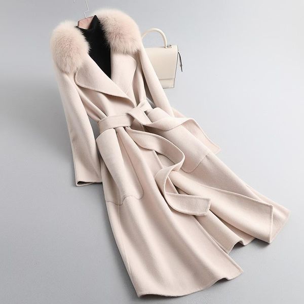 fur women's fashion long lamb woolen trench coat with genuine fox fur collar elegant lady belted long overcoat with pockets, Black
fur women's fashion long lamb woolen trench coat with genuine fox fur collar elegant lady belted long overcoat with pockets, Black