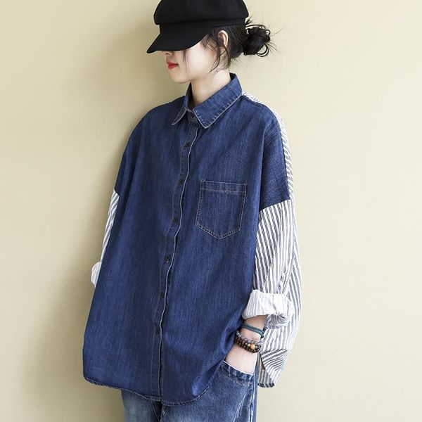 shirts 2022 spring autumn new arts style women long sleeve loose denim shirt turndown collar patchwork stripe casual blouse c426, White
shirts 2022 spring autumn new arts style women long sleeve loose denim shirt turndown collar patchwork stripe casual blouse c426, White
