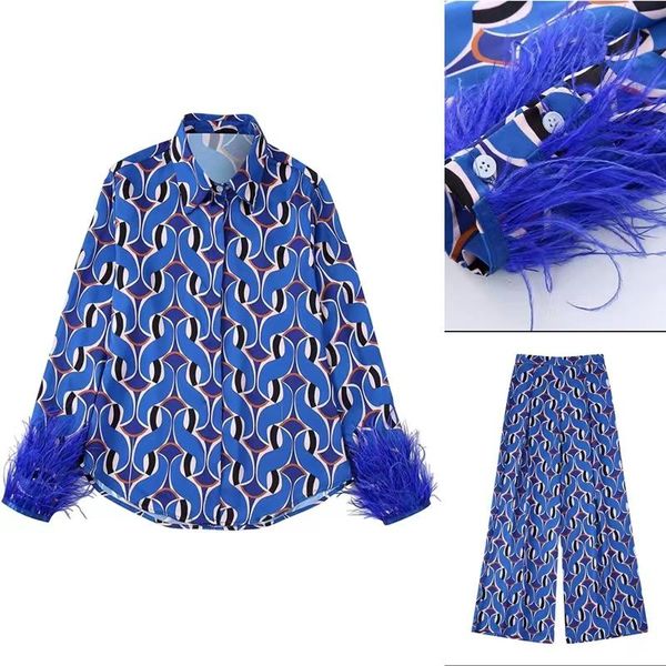 pants fashion women's new feather decoration printed casual shirts retro temperament female chic button up blouse high waist pants set, White
pants fashion women's new feather decoration printed casual shirts retro temperament female chic button up blouse high waist pants set, White