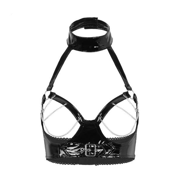 girls pvc patent leather hanging neck bra open chest bras with chain decoration, Black;white
girls pvc patent leather hanging neck bra open chest bras with chain decoration, Black;white