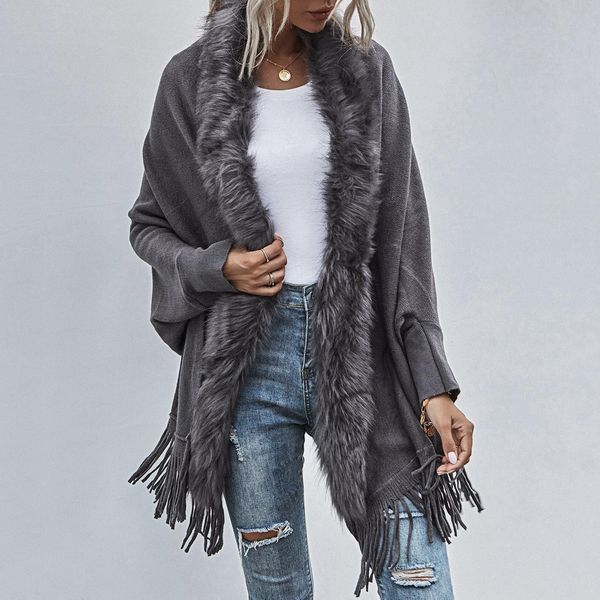 sweaters faux fur collar cardigan poncho tassel trim layered knitted cape solid sweater coat women casual loose shawl mid length jacket, White;black
sweaters faux fur collar cardigan poncho tassel trim layered knitted cape solid sweater coat women casual loose shawl mid length jacket, White;black
