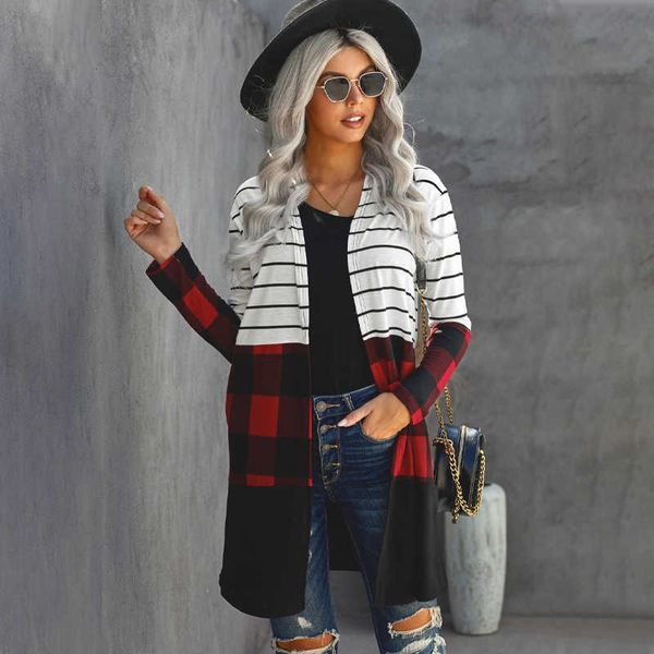 thin autumn women's cardigan jacket long sleeved striped color block patchwork top, White
thin autumn women's cardigan jacket long sleeved striped color block patchwork top, White