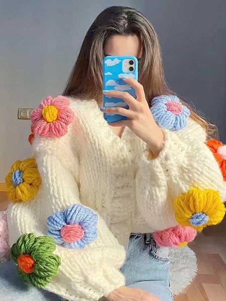 sweaters jastie 2022 winter women's cardigans multicolor floral knitted decoration long sleeve loose coats warm sweaters 3 colors, White;black 
sweaters jastie 2022 winter women's cardigans multicolor floral knitted decoration long sleeve loose coats warm sweaters 3 colors, White;black