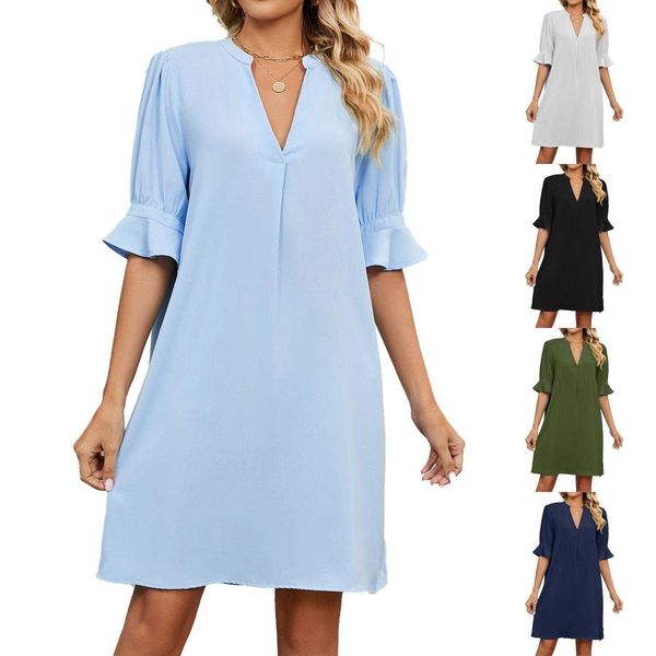 summer solid color dresses and v neck loose pleated half length sleeve dress women, Black;gray
summer solid color dresses and v neck loose pleated half length sleeve dress women, Black;gray