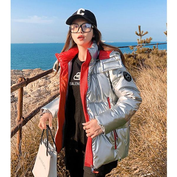 leather silver splicing women's down coat winter contrasting colors thickening warm hooded female puffer cotton padded jacket outwear, Black
leather silver splicing women's down coat winter contrasting colors thickening warm hooded female puffer cotton padded jacket outwear, Black