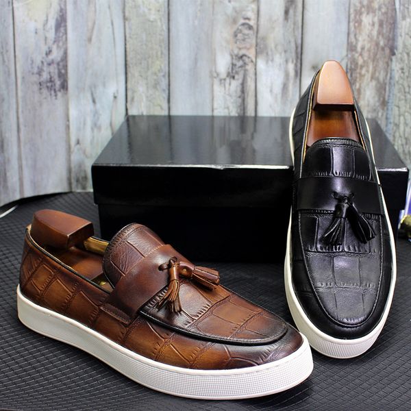 dress shoes men's loafers genuine cow leather causal shoes for men luxury print with fringe slip on tassel shoes fashion sneakers 23042, Black 
dress shoes men's loafers genuine cow leather causal shoes for men luxury print with fringe slip on tassel shoes fashion sneakers 23042, Black