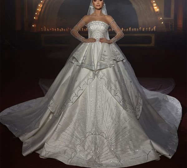 luxury ball gown wedding dresses long sleeves bateau strapless sequins applique lace ruffles bridal gowns beads formal dress plus size custo, White
luxury ball gown wedding dresses long sleeves bateau strapless sequins applique lace ruffles bridal gowns beads formal dress plus size custo, White