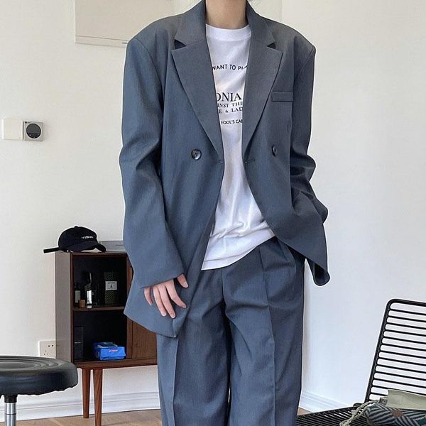 pants spring autumn women's blazer casual solid color double breasted pocket decorative loose jacket, White
pants spring autumn women's blazer casual solid color double breasted pocket decorative loose jacket, White