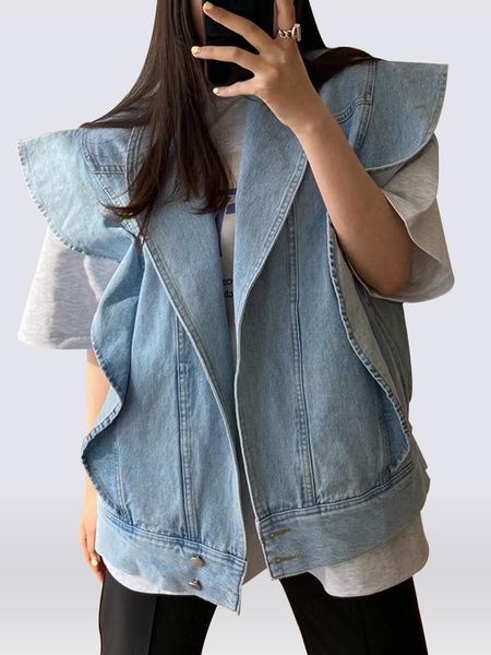 vests harajuku ruffles oversize denim jacket fashion sleeveless large size vest chic streetwear jeans coat single breasted jacket, Black;white
vests harajuku ruffles oversize denim jacket fashion sleeveless large size vest chic streetwear jeans coat single breasted jacket, Black;white