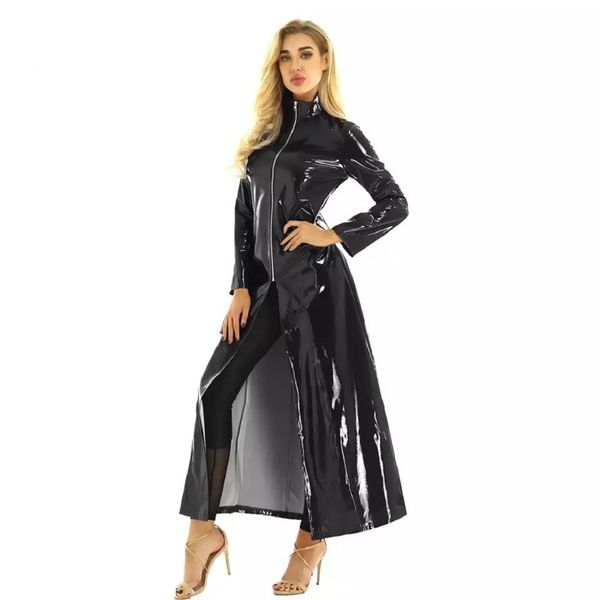 costumes halloween party role-playing pvc bright leather dress ladies windbreaker long coat, Black
costumes halloween party role-playing pvc bright leather dress ladies windbreaker long coat, Black