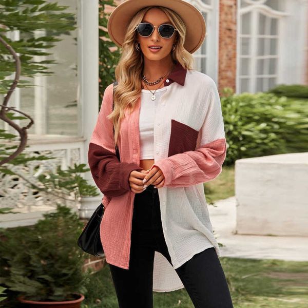 winter and autumn new color blocking medium and long lapel shirt women's loose design shirt, White
winter and autumn new color blocking medium and long lapel shirt women's loose design shirt, White