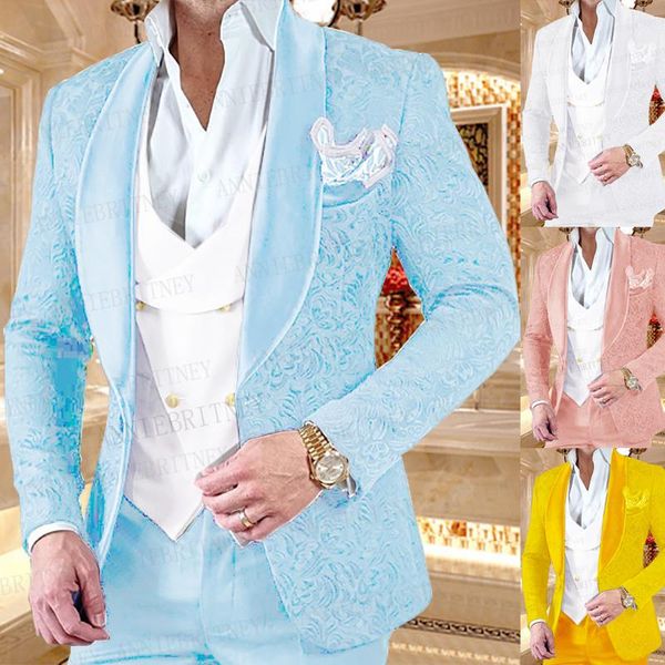 blazers formal sky blue jacquard men's business suit 3 pieces slim fit men's groom wedding dress evening dress tuxedo jacket vest, White;black 
blazers formal sky blue jacquard men's business suit 3 pieces slim fit men's groom wedding dress evening dress tuxedo jacket vest, White;black