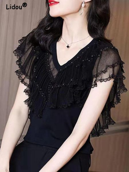 t-shirt summer new elegant fashion lace hollow out aesthetic all match women solid color vneck hollow out thin chic female shirt, White
t-shirt summer new elegant fashion lace hollow out aesthetic all match women solid color vneck hollow out thin chic female shirt, White