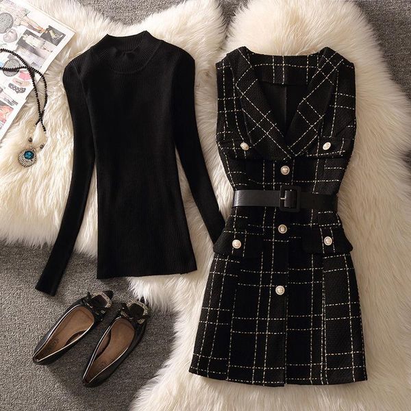 vests vintage midlength plaid tweed vest jacket women 2 piece set elegant pearl button belted unlined waistcoat and knitted sweater, Black;white
vests vintage midlength plaid tweed vest jacket women 2 piece set elegant pearl button belted unlined waistcoat and knitted sweater, Black;white