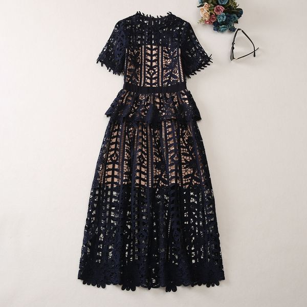 lace dress 2023 spring/summer new round lace collar short sleeve blue water soluble flower belt mid length temperament dress women's s_, Black
lace dress 2023 spring/summer new round lace collar short sleeve blue water soluble flower belt mid length temperament dress women's s_, Black