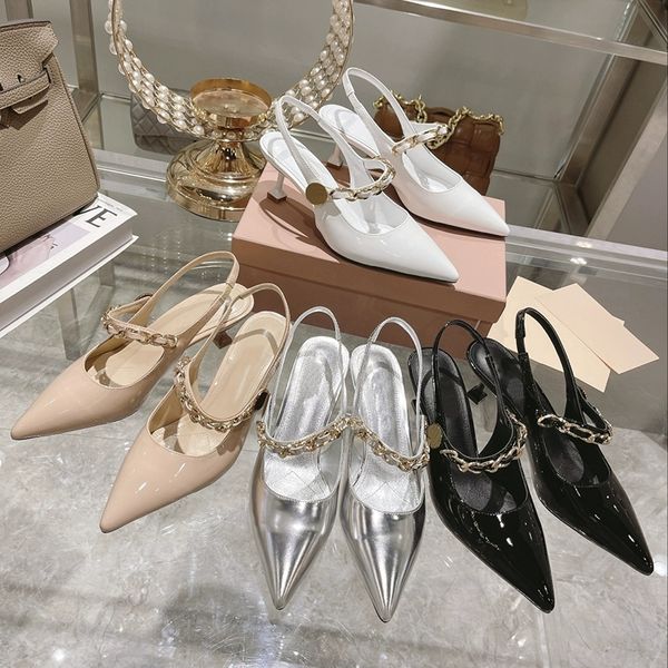 23 summer new metal chain pointed stiletto heels bag toe leather women sandals shallow mouth patent leather luxury design fashion women', Black
23 summer new metal chain pointed stiletto heels bag toe leather women sandals shallow mouth patent leather luxury design fashion women', Black