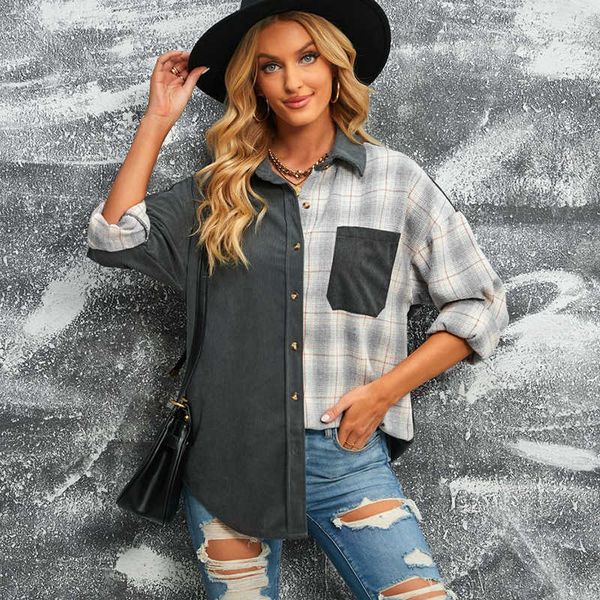 plaid shirt winter women's long sleeved loose pocket woolen 2552080 blouse woman stand collar, White 
plaid shirt winter women's long sleeved loose pocket woolen 2552080 blouse woman stand collar, White