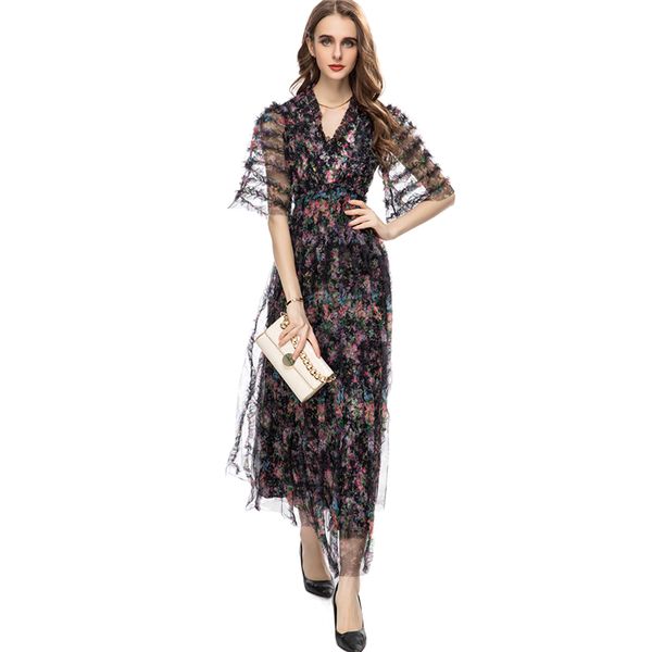 women's runway dresses v neck short sleeves printed ruffles mesh elegant designer party prom gown, Black
women's runway dresses v neck short sleeves printed ruffles mesh elegant designer party prom gown, Black