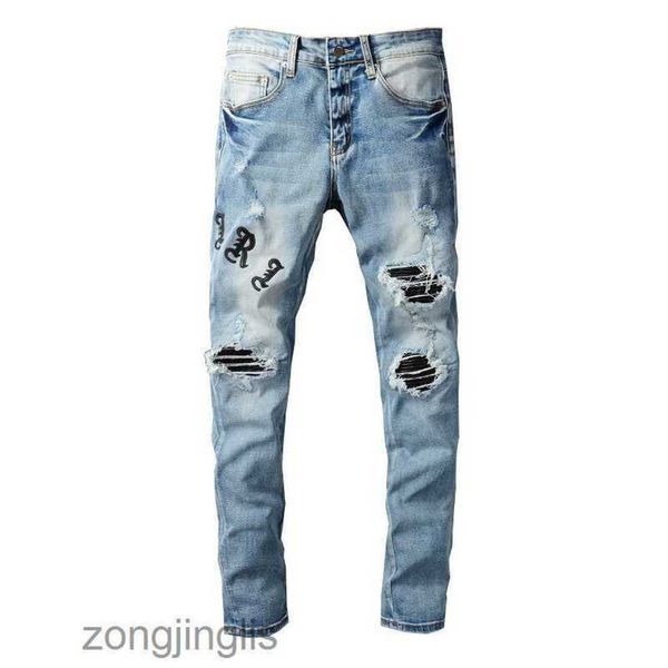 men's 2023 personality designer men's jeans jeans pants ripped jeean 679 fashion pu brand leather embroidered patch slimming jeans, Blue
men's 2023 personality designer men's jeans jeans pants ripped jeean 679 fashion pu brand leather embroidered patch slimming jeans, Blue