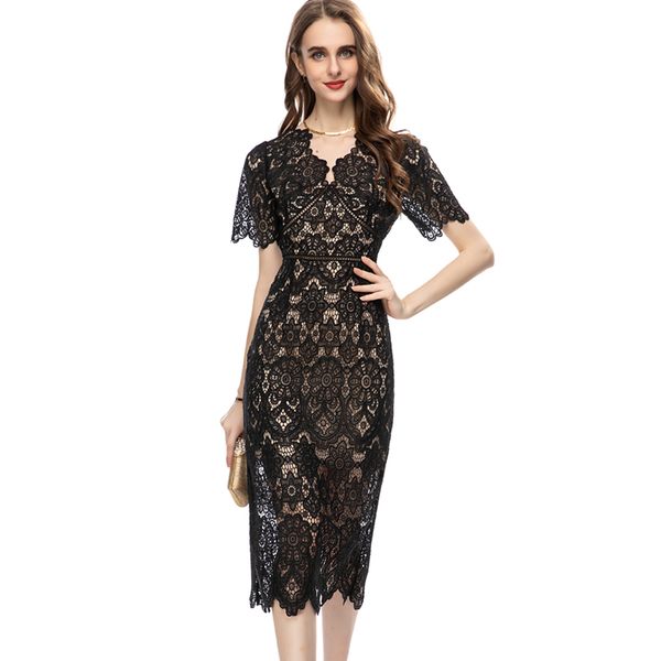 women's runway dresses v neck short sleeves embroidery lace high street casual pencil mid vestidos, Black
women's runway dresses v neck short sleeves embroidery lace high street casual pencil mid vestidos, Black