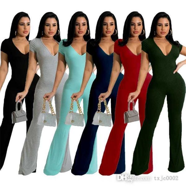 women clubwear jumpsuits designer 2023 slim fashion ladies rompers solid color v-neck flared pants short sleeve bodysuit, Black;white
women clubwear jumpsuits designer 2023 slim fashion ladies rompers solid color v-neck flared pants short sleeve bodysuit, Black;white