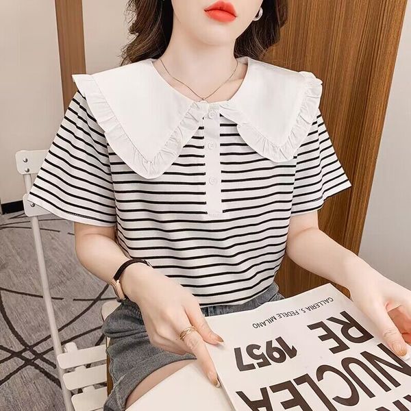multi-color and multi-size fashion korean t-shirt female summer new doll collar short sleeve striped ins super fire s-xl, White
multi-color and multi-size fashion korean t-shirt female summer new doll collar short sleeve striped ins super fire s-xl, White